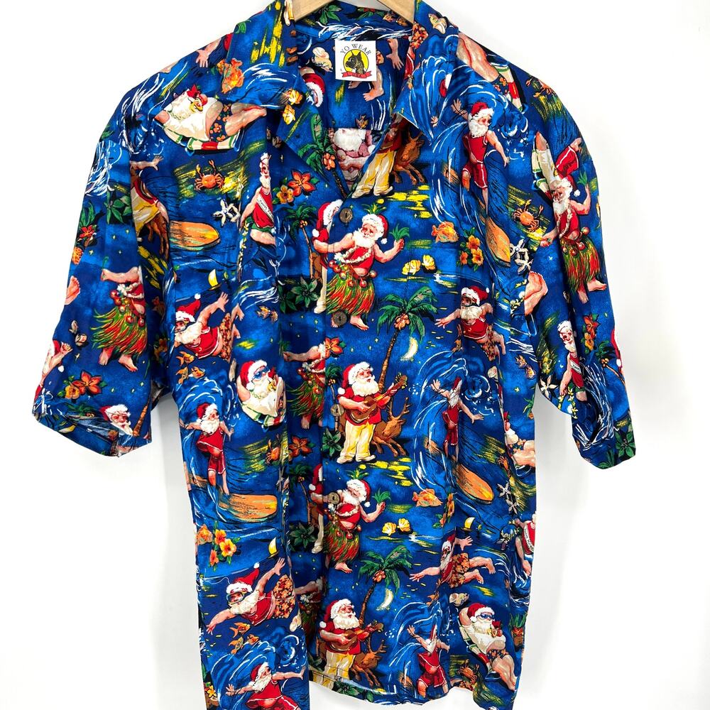 Vintage Mens Max Boxxer Yo Wear 100% Cotton Santa Claus Hawaiian Shirt Size L